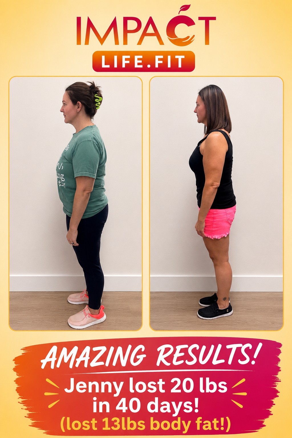 Jenny lost 20 lbs and 13 lbs body fat in 40 days — side profile before and after