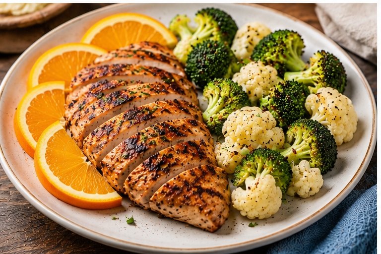Grilled chicken with broccoli, cauliflower and orange